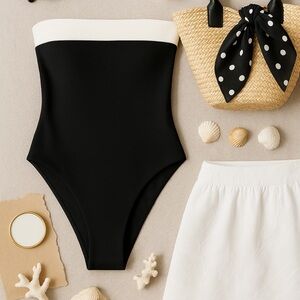 Black and White Strapless One Piece Swimsuit New
